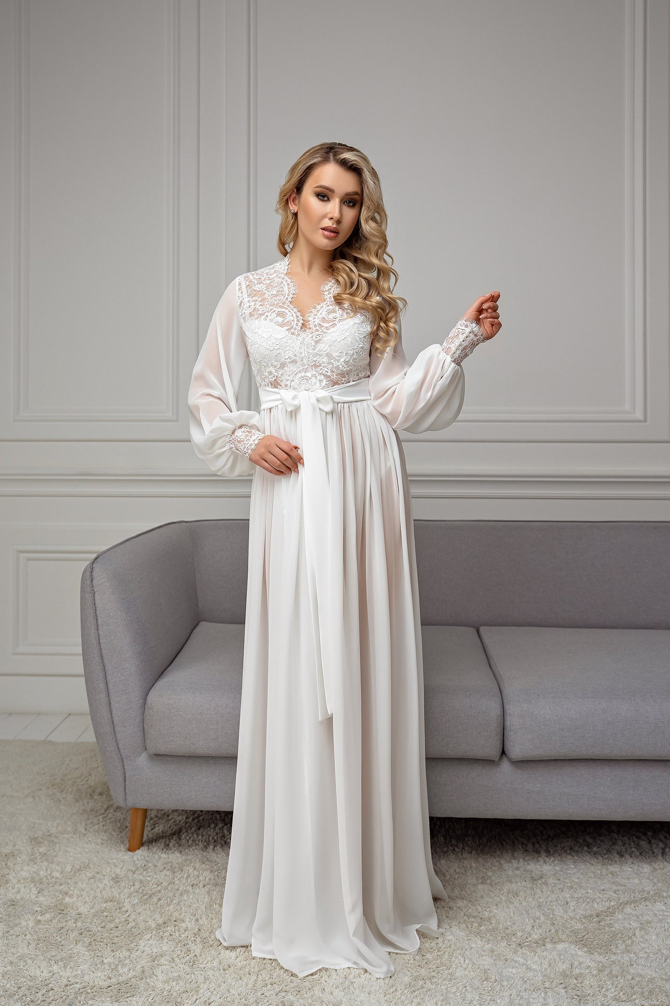 Maxi bridal robe with lace Chiffon ...